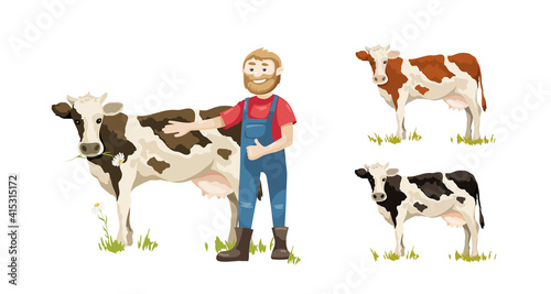 Cheerful farmer with a cow. Vector illustration, dairy farm, set of multicolored spotted cows.