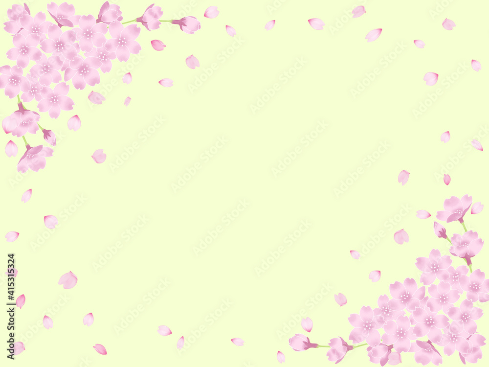 桜と花吹雪のフレーム－うぐいす色の背景
