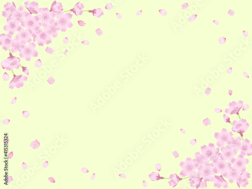 桜と花吹雪のフレーム－うぐいす色の背景 