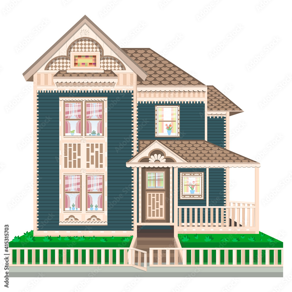House. Two-storey building. Living spaces. Architectural concept. Town. The country. Vector drawing. Construction and repair. Sale. White background. Can be used in web design.