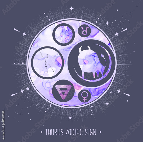 Modern magic witchcraft card with astrology Taurus zodiac sign. Alcohol ink background. Zodiac characteristic