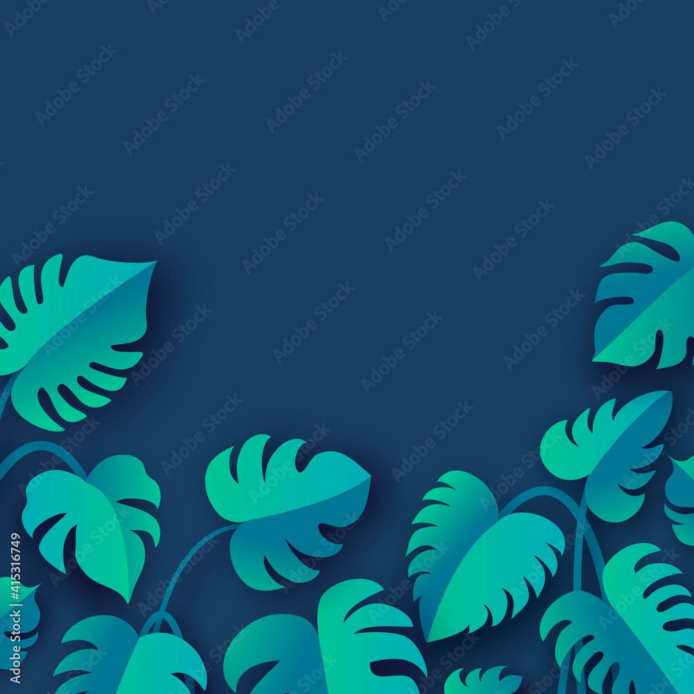 Fototapeta premium Monstera Deliciosa Plant Leaves paper cut style. Tropical jungle, botanical nature. Spring and summer time. Homeplant. Space for text.