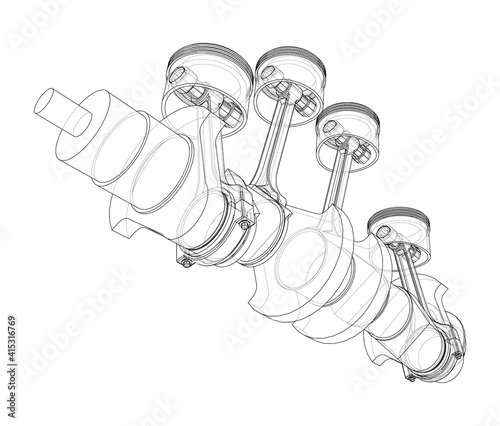 Engine crankshaft with pistons outline. Vector