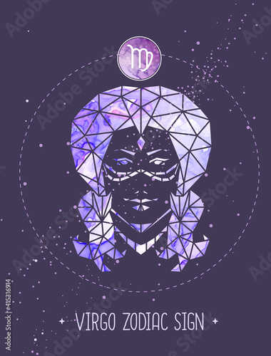 Modern magic witchcraft card with polygonal astrology Virgo zodiac sign. Polygonal woman head