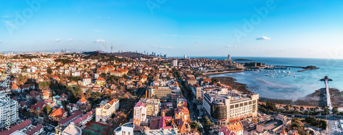 Aerial photography of Qingdao Bay panorama and sunset