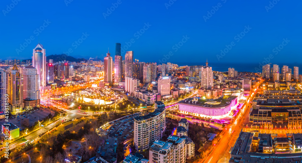 Fototapeta premium Aerial photography of Qingdao urban landscape at night