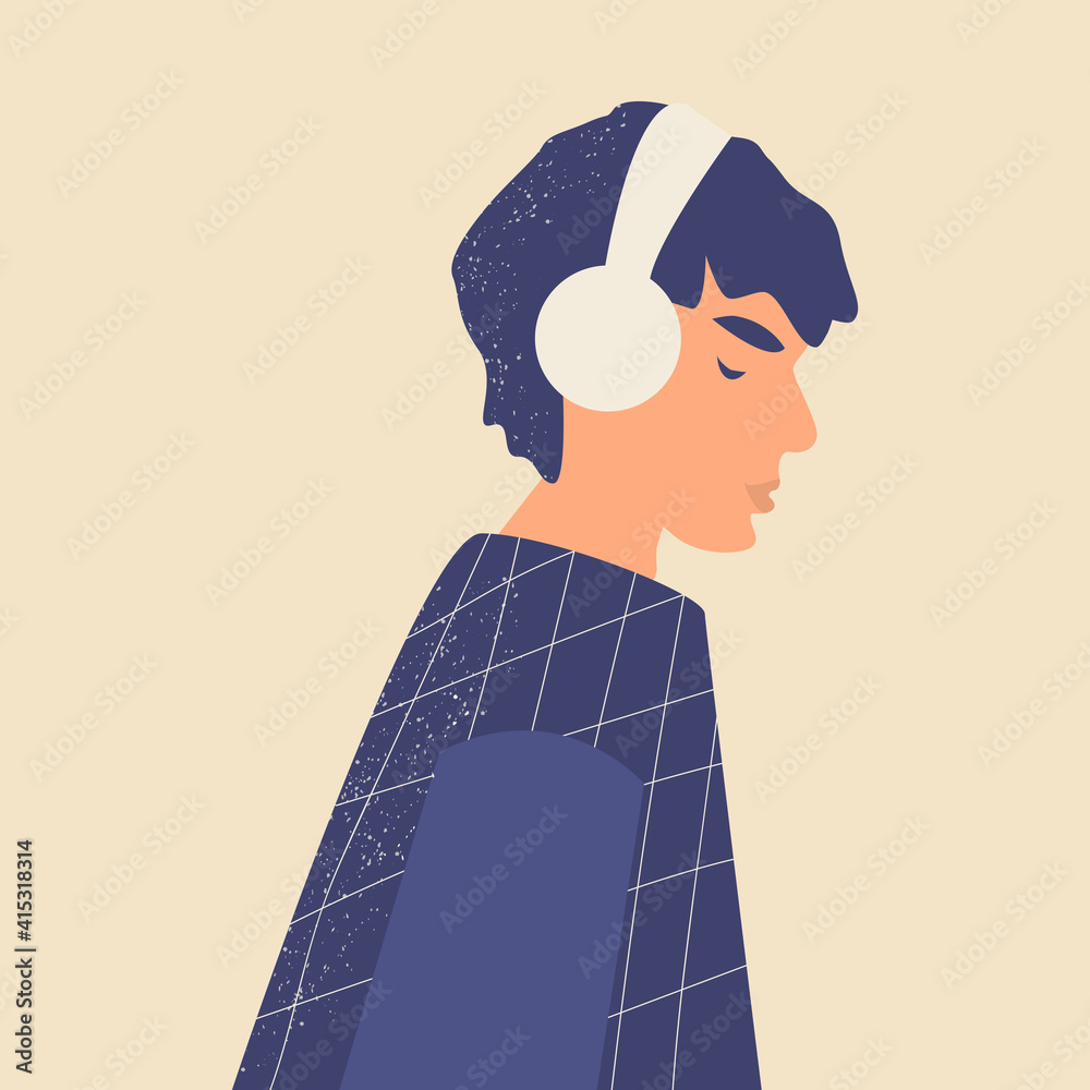 Cute male teenager. Handsome young Man or boy in headphones listen to  music, radio, online training or podcasts and enjoy sound. Music therapy.  Trendy colors. Hand drawn vector illustration. Stock Vector