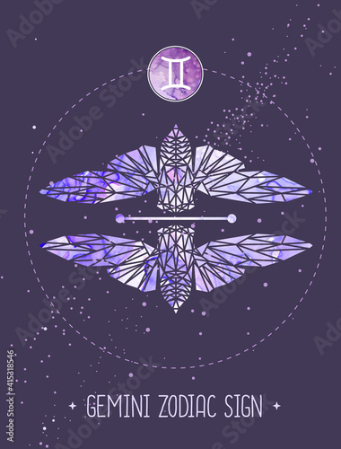 Modern magic witchcraft card with polygon astrology Gemini zodiac sign. Polygonal butterfly or cicada illustration