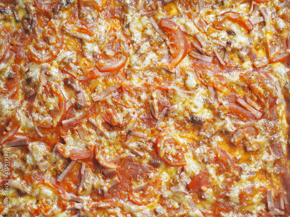 Bright handmade oven baked pizza with grilled tomatoes, cheese, onions and sausage. Bright handmade oven baked pizza with grilled tomatoes, cheese, onions and sausage.