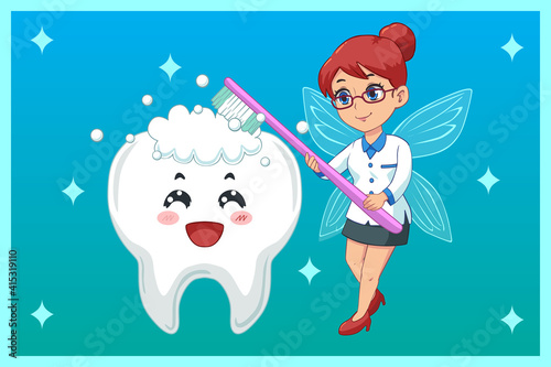 Cute Illustration, Tooth Fairy brushing teeth