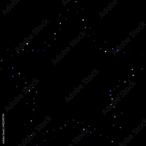 Purple glitter elements, stars shiny confetti. Scattered little, sparkling, flashing ultra violet, Random tiny stellar falling on black background. New Year, Christmas background. Vector illustration.