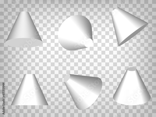 Set of perspective projections 3d truncated cones model icons on transparent background.  3d truncated cones.  Abstract concept of graphic elements for your web site design, app, UI. EPS 10