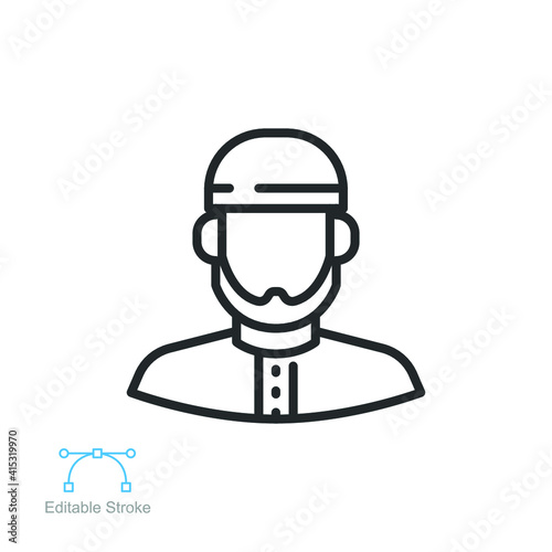 Male muslim avatar line icon. Islam arabic man muslim hat. Middle Eastern human profile.  Glyph style pictogram for ramadan  eid logo.Vector illustration design on white background. EPS 10