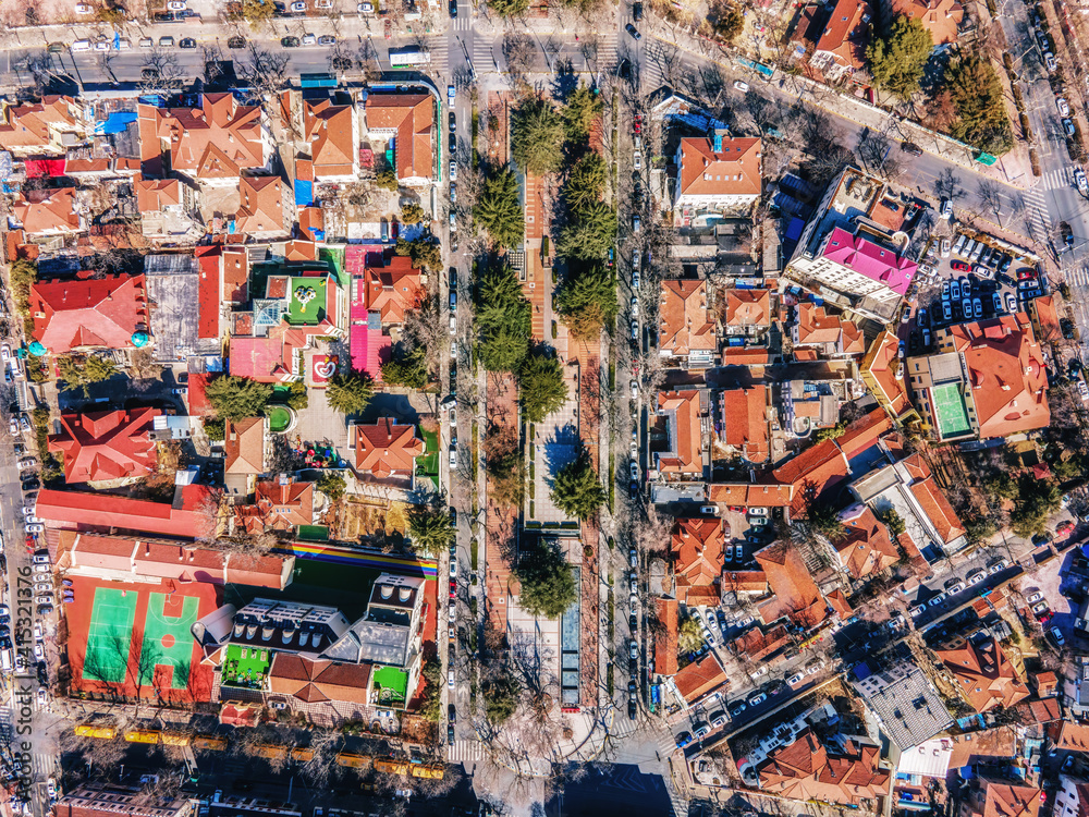 Aerial photography of red roofs and streets of European-style buildings in Qingdao
