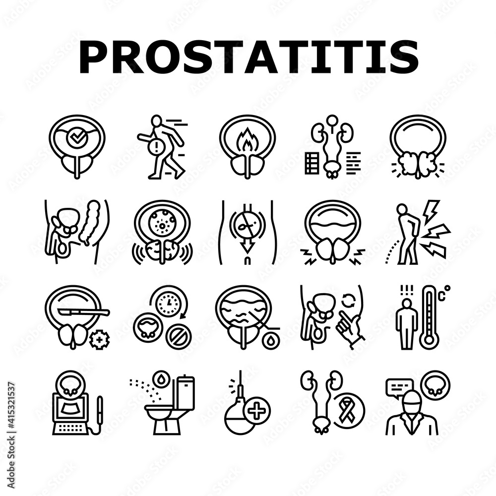 Prostatitis Disease Collection Icons Set Vector. Prostatitis Symptom, Examination And Treatment, Prostate Massage And Analysis Black Contour Illustrations