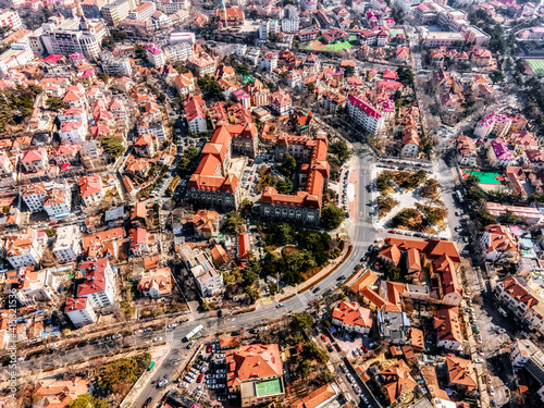 Aerial photography of red roofs and streets of European-style buildings in Qingdao