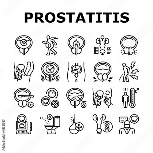 Prostatitis Disease Collection Icons Set Vector. Prostatitis Symptom, Examination And Treatment, Prostate Massage And Analysis Black Contour Illustrations