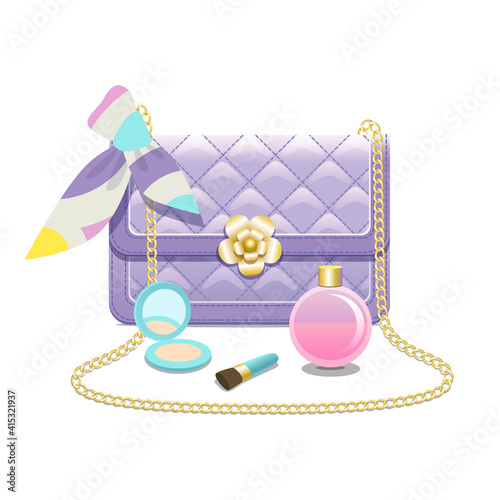 Lilac woman's quilted leather handbag, decorated with golden chain, with scarf, powder and perfume, isolated on white. Vector illustration.