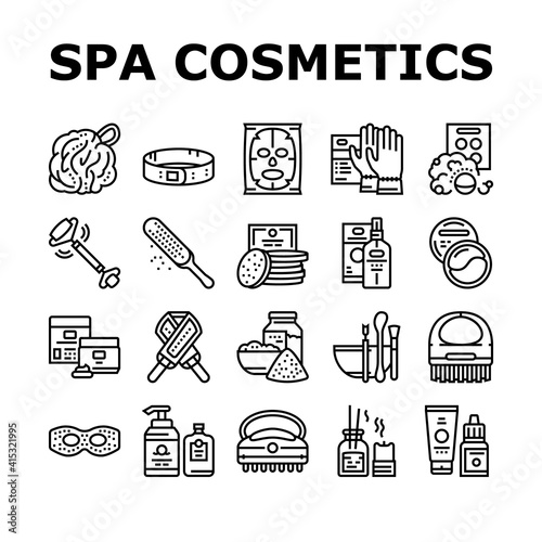 Spa Cosmetics Beauty Collection Icons Set Vector. Spa Cosmetics And Accessories, Mask And Aqua Bomb, Special Gloves And Brush Black Contour Illustrations