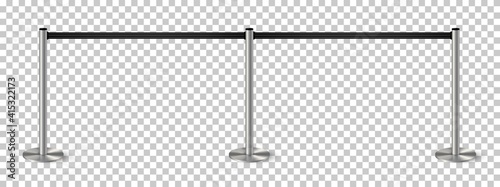 Belt barrier with stanchions and black ropes. Security control metal pole posts vector illustration. Airport entry rails, zone chrome dividers, vip barricade on transparent background