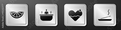 Set Citrus fruit, Bathtub, Heart heal and Scented spa stick icon. Silver square button. Vector.