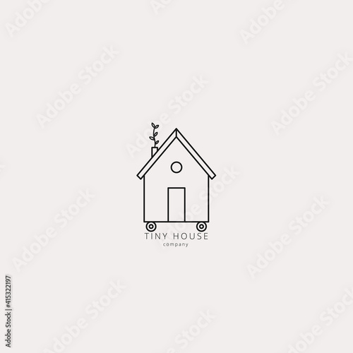 Vector illustration of tiny little house in linear style. Eco green home on wheels. Logo, emblem, icon, badge design template.
