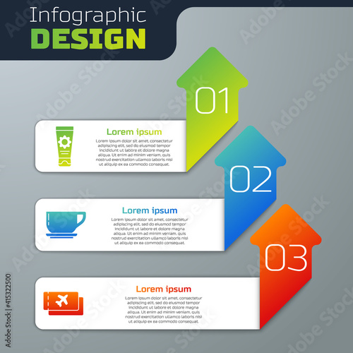 Set Sunscreen cream in tube, Coffee cup and Airline ticket. Business infographic template. Vector.