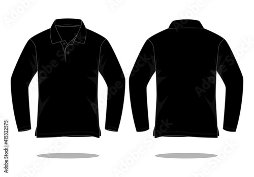 Blank Black Long Sleeve Polo Shirt Vector For Template.Front And Back View.