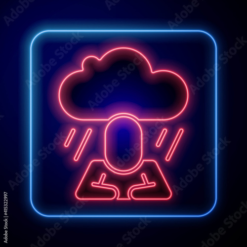 Glowing neon Depression and frustration icon isolated on blue background. Man in depressive state of mind. Mental health problems. Vector.