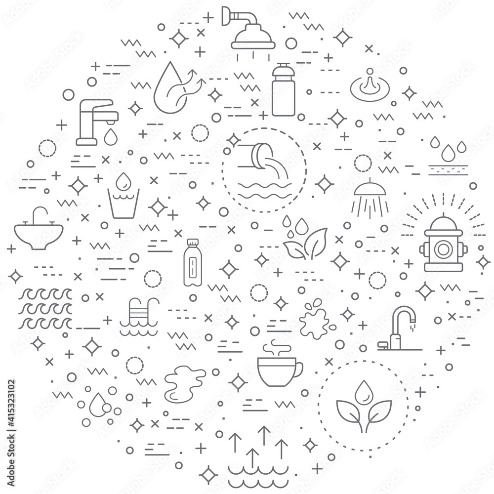 Simple Set of water and drinks Related Vector Line Illustration. Contains such Icons as glasses, bathroom, faucet, shower, cup, dew, waterway, steam, hydrant and Other Elements. Simple Set of water and drinks Related Vector Line Illustration. Contains such Icons as glasses, bathroom, faucet, shower, cup, dew, waterway, steam, hydrant and Other Elements.