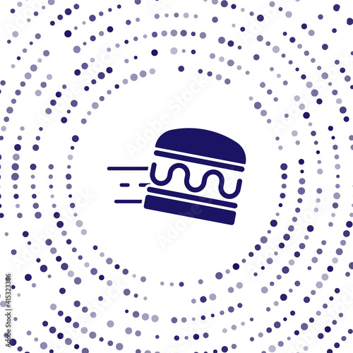 Blue Online ordering and burger delivery icon isolated on white background. Abstract circle random dots. Vector.