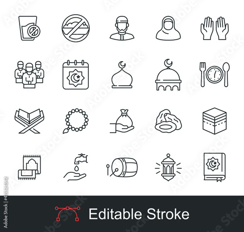 Ramadan icon set line style. iftar time, dome, mosque, female, hijab, minaret, mecca, Islam, male muslim, hand prayer, praying, shalat, fasting Vector illustration design on white background EPS 10  