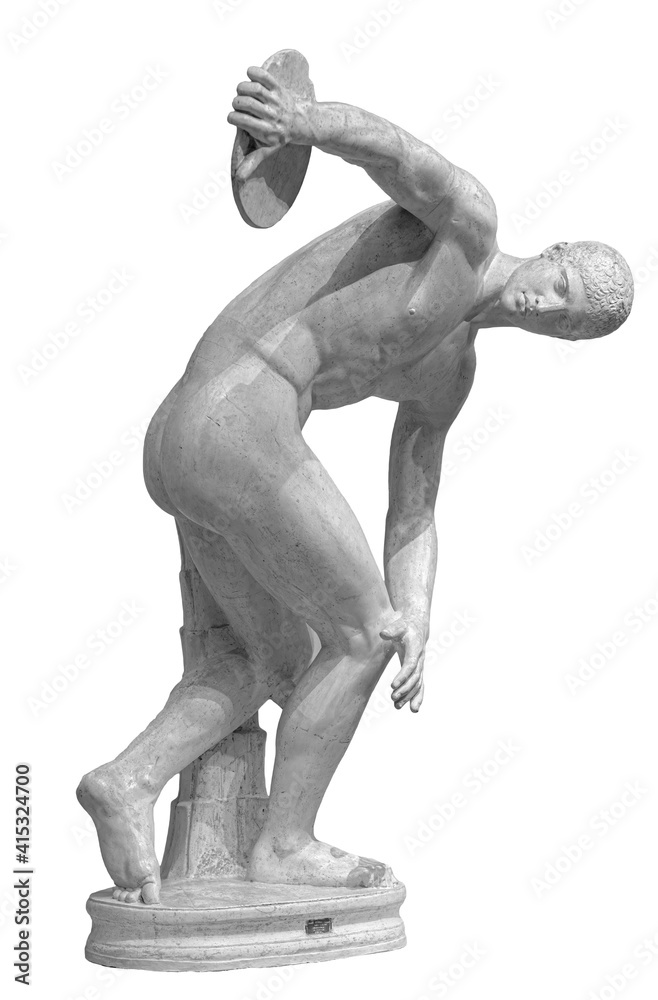 Discus thrower discobolus a part of the ancient Olympic Games. A Roman copy of the lost bronze Greek original. Isolated on white Discus thrower discobolus a part of the ancient Olympic Games. A Roman copy of the lost bronze Greek original. Isolated on white