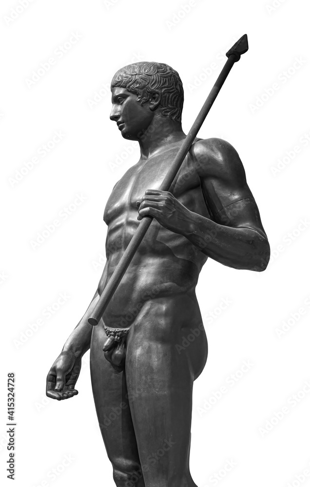 Obraz premium Ancient naked strong man sculpture. Young male athlete with spear statue isolated on white background