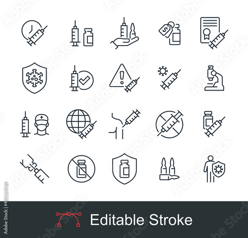 Vaccine against Virus Icon Set. Coronavirus Vaccination in Shoulder time, Medical syringe, immunization bottle, suction, Needle, Vial, shot injection. Editable stroke Vector illustration design EPS 10