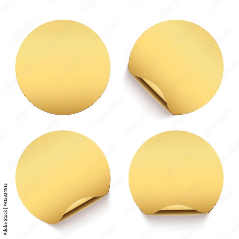 Gold glued round stickers with golden back side curling set. 3d circular shaped blank paper labels vector illustration. Badges with shining peel effect