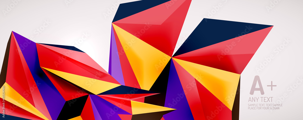 Vector triangle geometric backgrounds. Low poly 3d shape on light backdrop. Vector illustration for covers, banners, flyers and posters and other designs Vector triangle geometric backgrounds. Low poly 3d shape on light backdrop. Vector illustration for covers, banners, flyers and posters and other designs