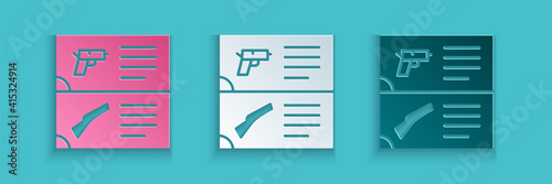 Paper cut Weapon catalog icon isolated on blue background. Police or military handgun. Small firearm. Paper art style. Vector.