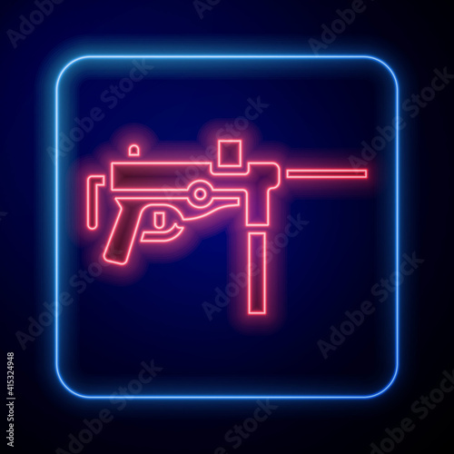 Glowing neon Submachine gun M3, Grease gun icon isolated on blue background. Vector.