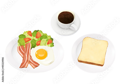 Breakfast illustration of coffee, bread and salad (white background, vector, cut out)
