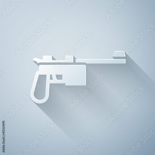 Paper cut Mauser gun icon isolated on grey background. Mauser C96 is a semi-automatic pistol. Paper art style. Vector.