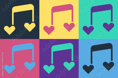 Pop art Music note, tone with hearts icon isolated on color background. Valentines day. Vector.
