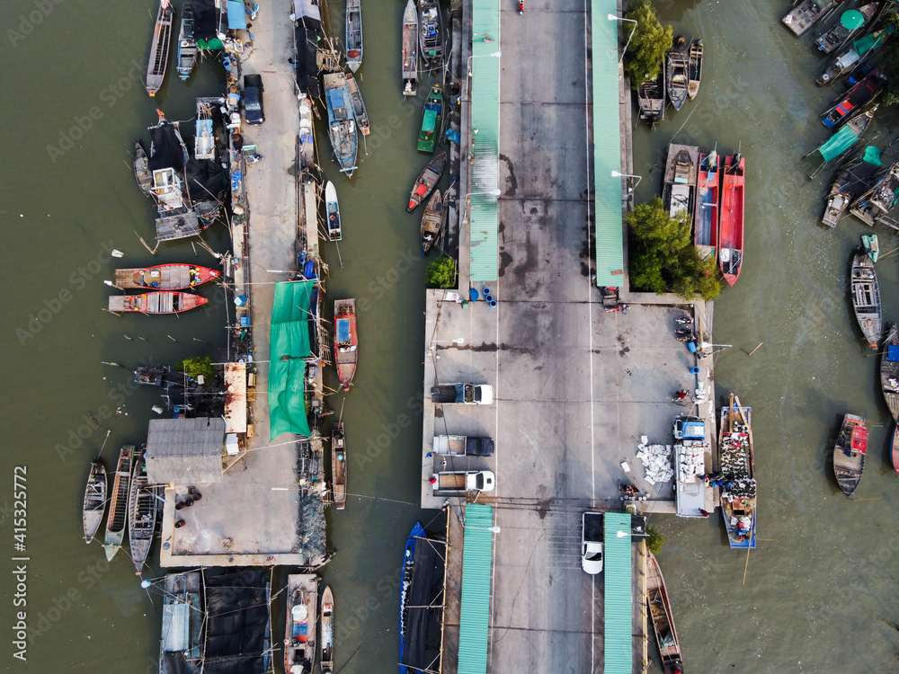 Top view of Community local fishing boats in Chonburi Province, Thailand.