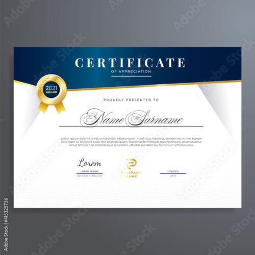 Certificate of appreciation template with gold and blue color, multipurpose, simple and elegant design