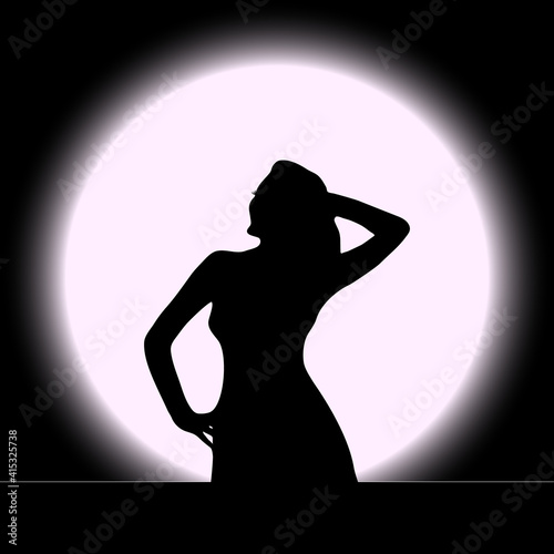 vector illustration of a black silhouette of a beautiful girl with long hair and eyelashes arched at the waist, right hand to the side, left on the head against the background