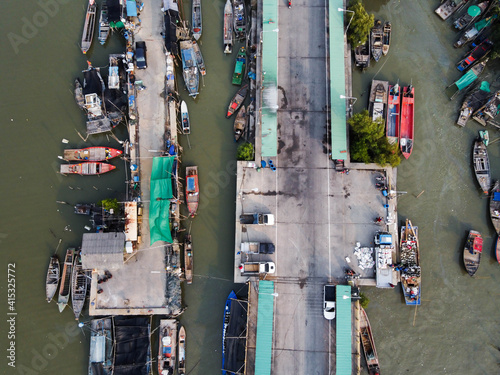 Top view of Community local fishing boats in Chonburi Province, Thailand.