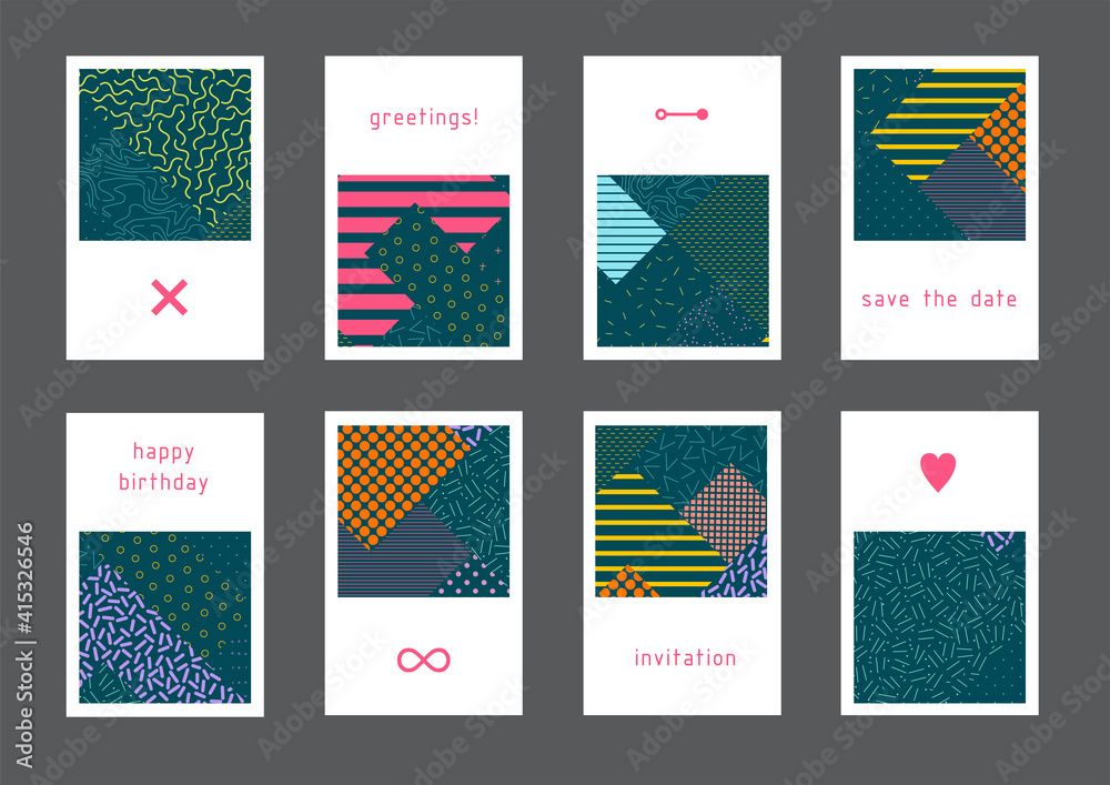 Set of creative universal geometric cards. Designs for prints, wedding, anniversary, birthday, Valentine's day, party invitations, posters, cards, etc. Vector. Isolated.