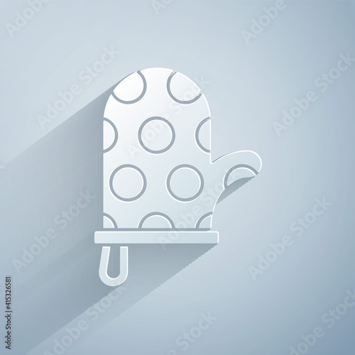 Paper cut Oven glove icon isolated on grey background. Kitchen potholder sign. Cooking glove. Paper art style. Vector.