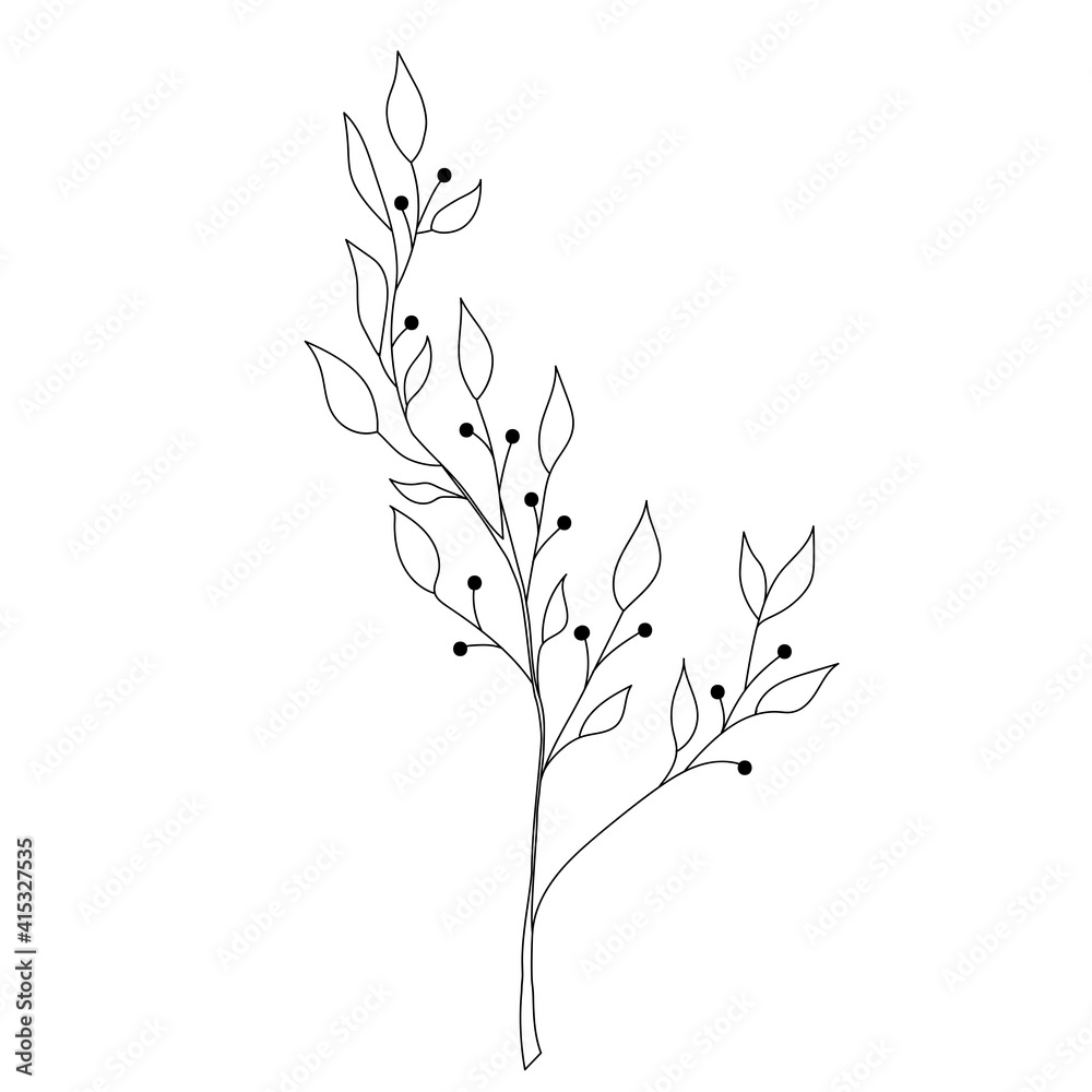 Vector doodle branch. Silhouette of plant.