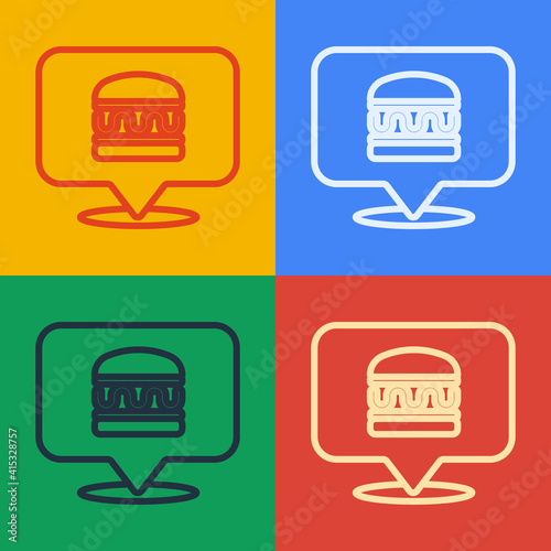 Pop art line Online ordering and burger delivery icon isolated on color background. Vector.